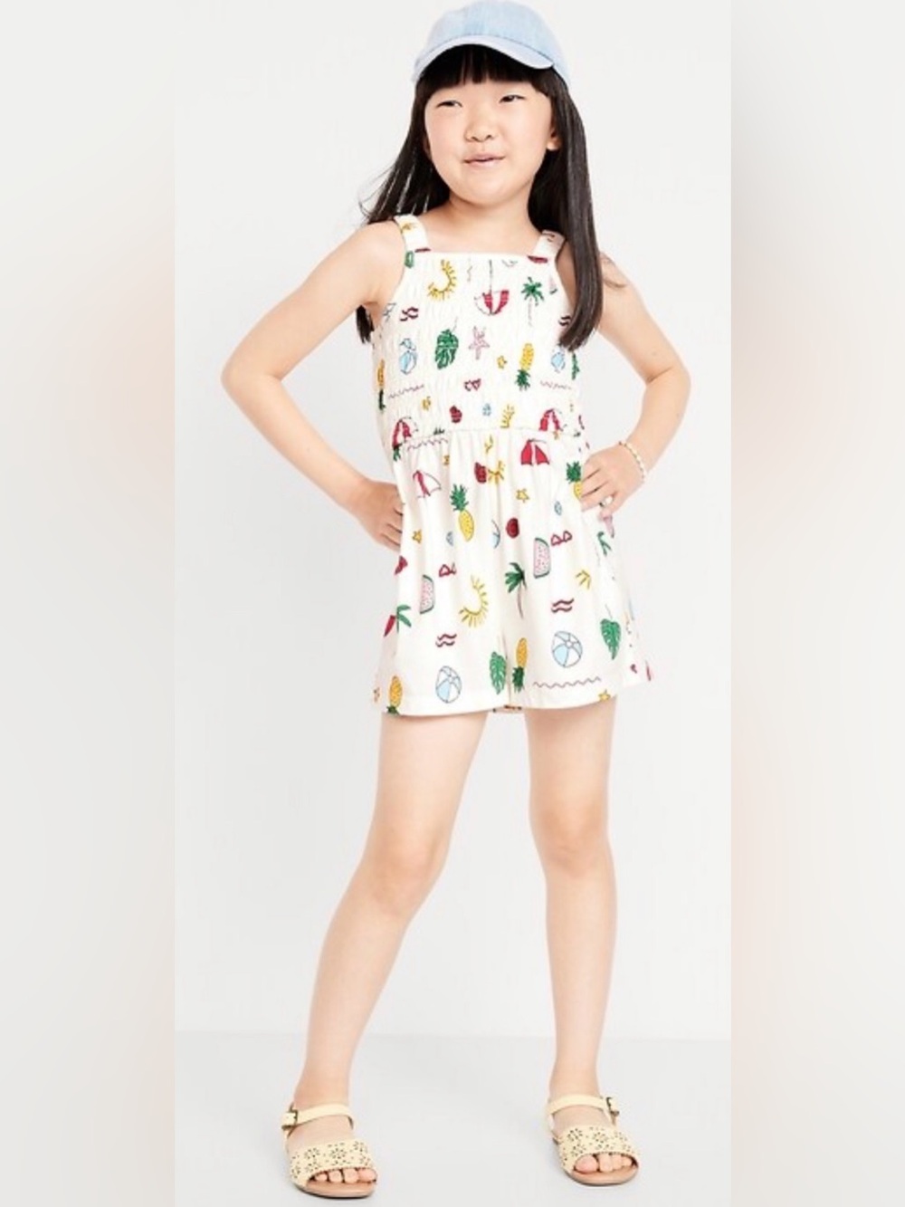 NWT Rare Find | Old Navy Beach Scene White Smocked Romper Girls Small 6/7